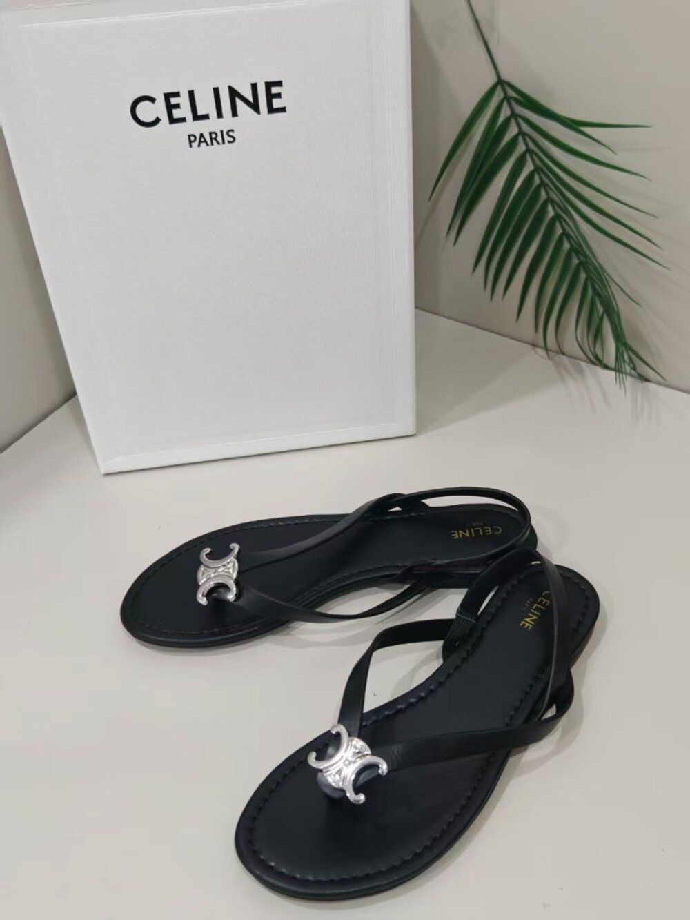 Celine Triomphe Black Leather Thong Flat Slingback Sandals Designer Shoes